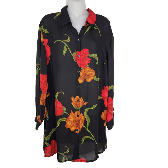 Chicos Design Top Sz 1 Medium 100% Silk Black Red Floral Sheer Vtg Button Tunic - Picture 1 of 9
